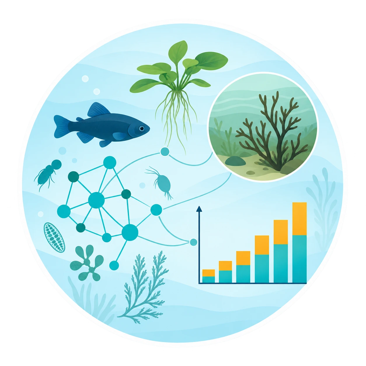 水生物种、群落互作网络与数据图表的生态状况评估插画