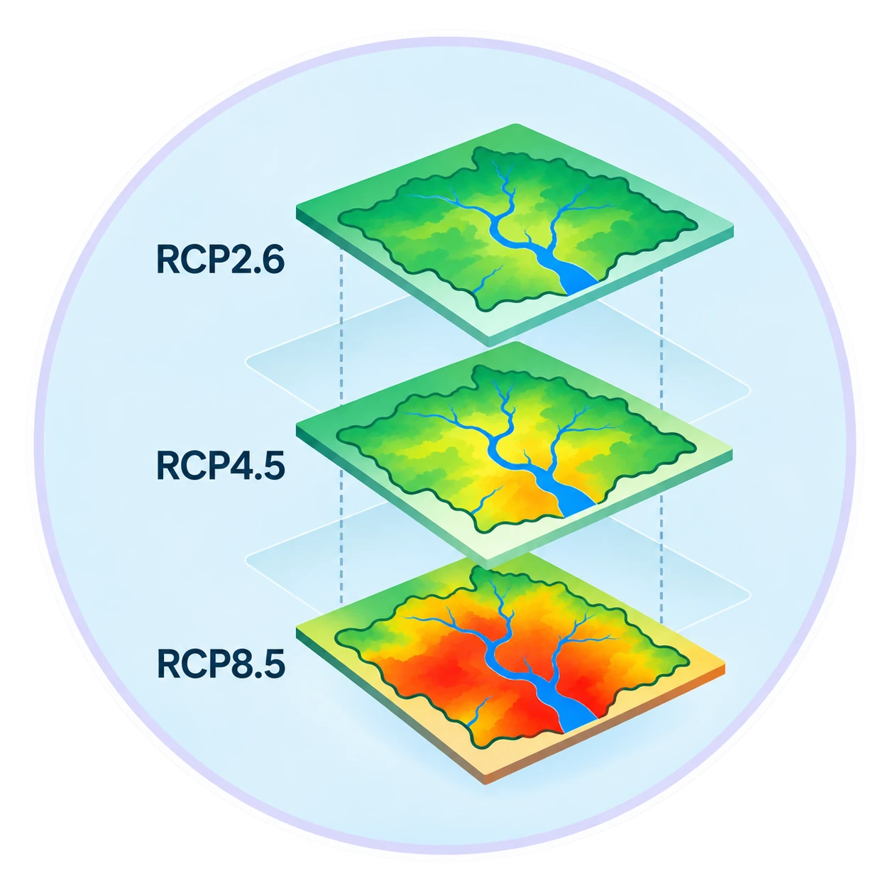 RCP2.6、RCP4.5 与 RCP8.5 三层流域风险情景插画